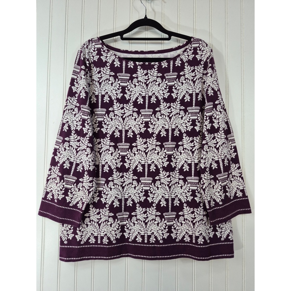 Talbots Tee Women XL Purple White Floral Topiary 3/4 Sleeve Boat Neck Cotton